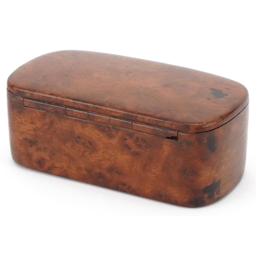 289 - Early 19th century burr walnut table snuff box of curved rectangular form, 14cm H x 10cm W x 6cm D