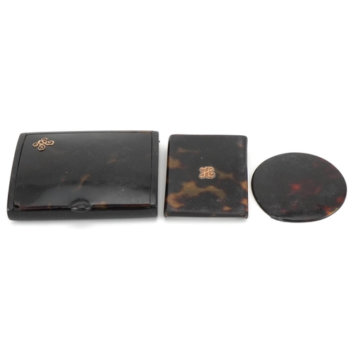 290 - Victorian tortoiseshell compact, W-8.5cm, and match book case each detailed with a 'H', W-4.5cm and ... 