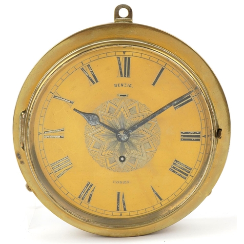 232 - Late 19th century brass cased ship's clock by Benzie of Cowes, the circular dial engraved and with R... 