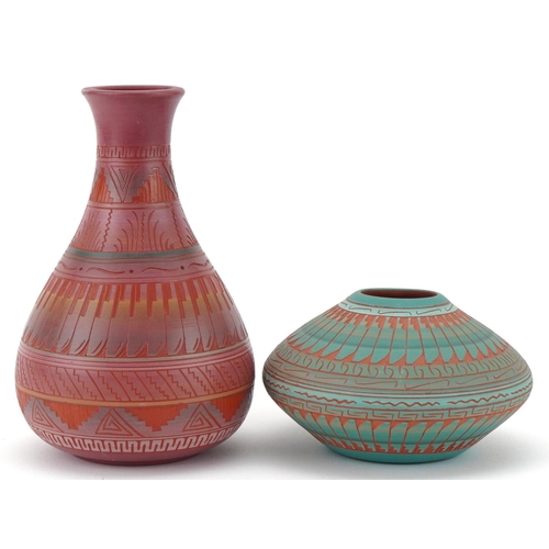 1184 - 20th century Navajo Indian pottery vase by Sylvia Johnson, 19cm high, together with a similar shallo... 