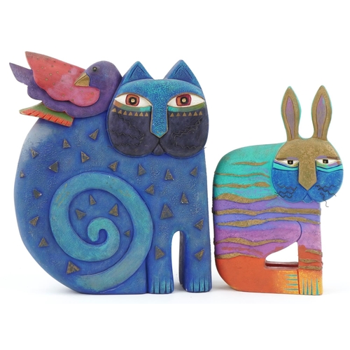 325 - Two Laurel Burch polychrome painted wooden figures, one of a cat with a bird on it's back and one of... 