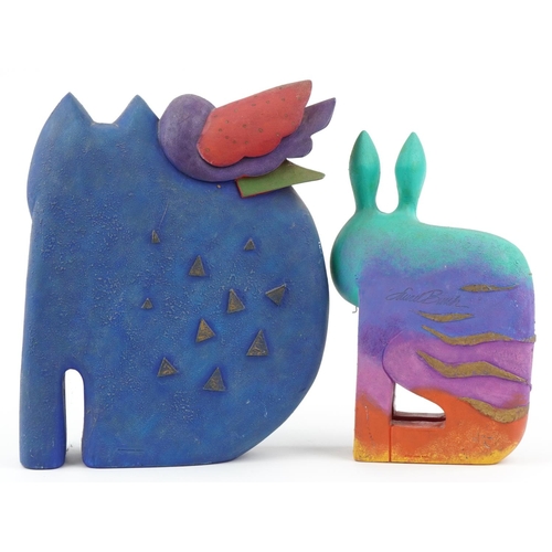 325 - Two Laurel Burch polychrome painted wooden figures, one of a cat with a bird on it's back and one of... 