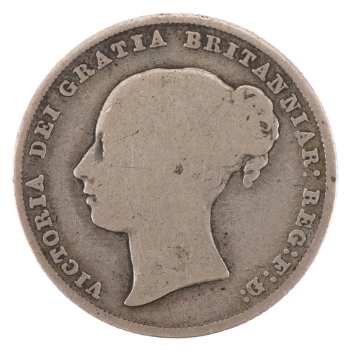 2105 - Queen Victoria 1857 silver shilling with error on the obverse side of the coin, F. with inverted G b... 