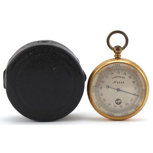 124 - Antique gilt brass pocket barometer numbered 8947, with leather case, the barometer 55mm in diameter