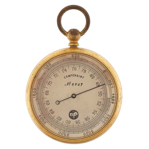 124 - Antique gilt brass pocket barometer numbered 8947, with leather case, the barometer 55mm in diameter