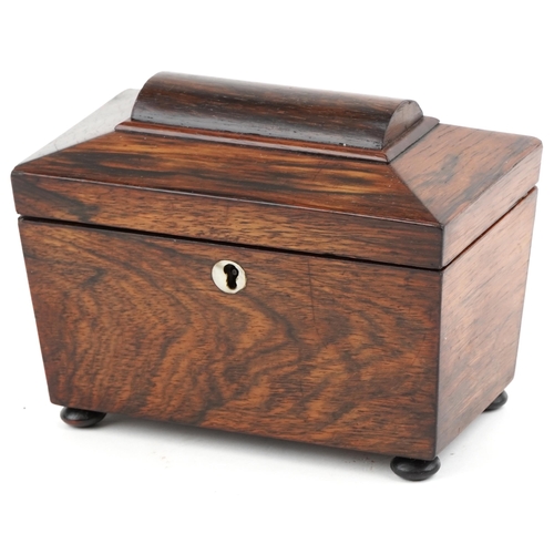 200 - Early Victorian rosewood twin divisional tea caddy of sarcophagus form, 15.5cm H x 20cm W x 12cm D