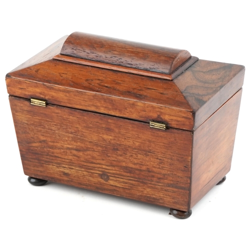 200 - Early Victorian rosewood twin divisional tea caddy of sarcophagus form, 15.5cm H x 20cm W x 12cm D