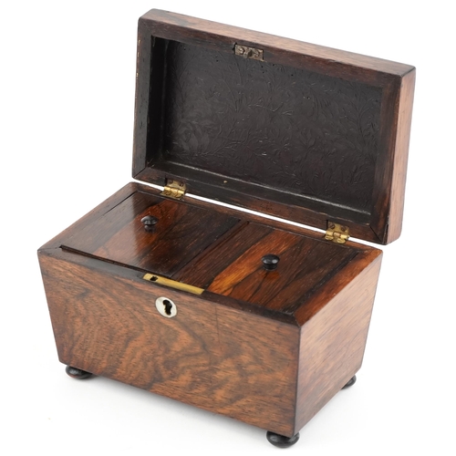 200 - Early Victorian rosewood twin divisional tea caddy of sarcophagus form, 15.5cm H x 20cm W x 12cm D