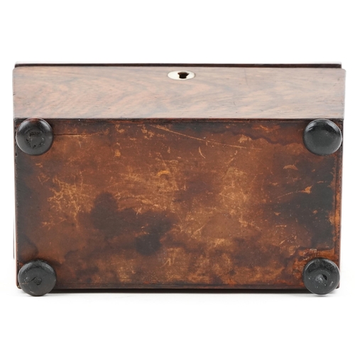 200 - Early Victorian rosewood twin divisional tea caddy of sarcophagus form, 15.5cm H x 20cm W x 12cm D