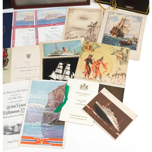 2449 - Collection of shipping interest menus, some with signatures, including Cunard Line RMS Queen Elizabe... 