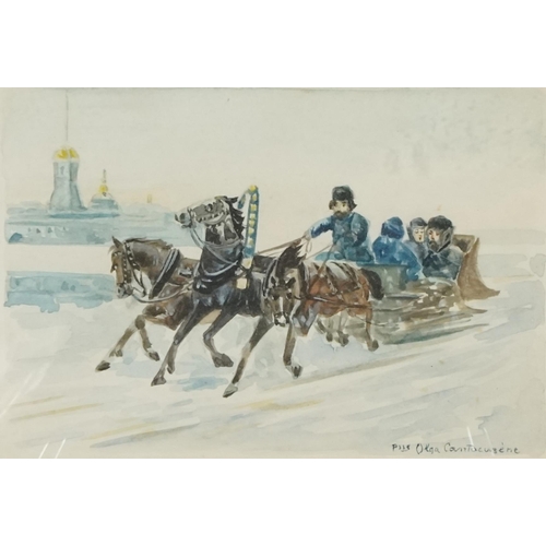 3554 - Horse drawn sled, early 20th century Russian school watercolour on paper, indistinctly signed to the... 