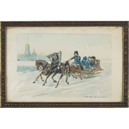 3554 - Horse drawn sled, early 20th century Russian school watercolour on paper, indistinctly signed to the... 