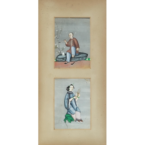 392 - Set of four late 19th/early 20th century Chinese watercolours on rice paper, framed as a pair within... 