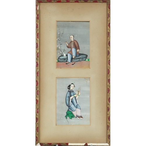 392 - Set of four late 19th/early 20th century Chinese watercolours on rice paper, framed as a pair within... 