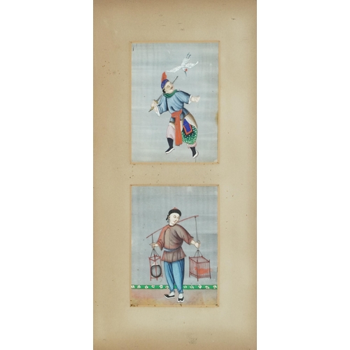 392 - Set of four late 19th/early 20th century Chinese watercolours on rice paper, framed as a pair within... 