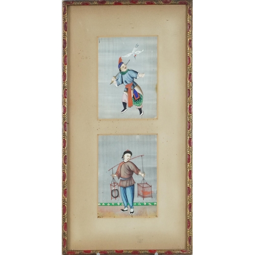 392 - Set of four late 19th/early 20th century Chinese watercolours on rice paper, framed as a pair within... 