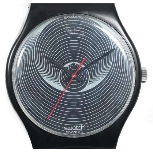 233 - Original 1987 Swatch watch wall clock finished in black with a red second hand, 206cm in length bari... 