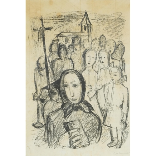 3468 - Carol singers, early 20th century Austrian school charcoal on paper, indistinctly signed to the lowe... 