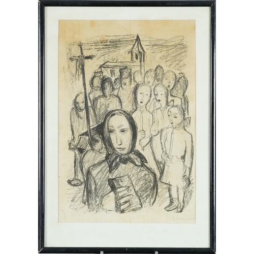 3468 - Carol singers, early 20th century Austrian school charcoal on paper, indistinctly signed to the lowe... 