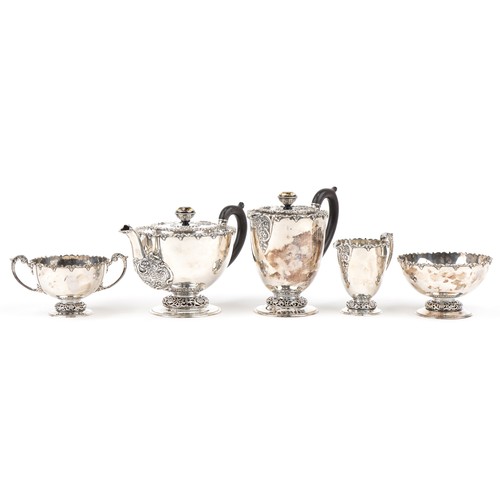  Silver five piece tea set comprising hot water jug, teapot, cream jug, sugar bowl and twin handled b... 