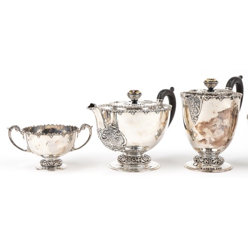 396 - Silver five piece tea set comprising hot water jug, teapot, cream jug, sugar bowl and twin handled b... 