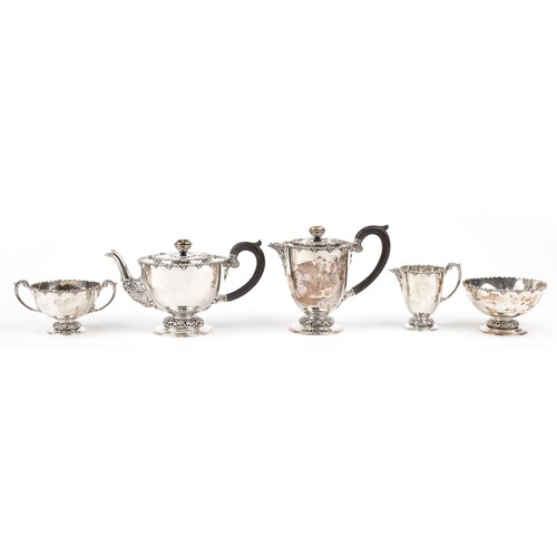  Silver five piece tea set comprising hot water jug, teapot, cream jug, sugar bowl and twin handled b... 