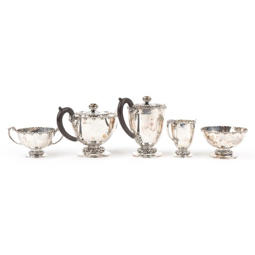  Silver five piece tea set comprising hot water jug, teapot, cream jug, sugar bowl and twin handled b... 