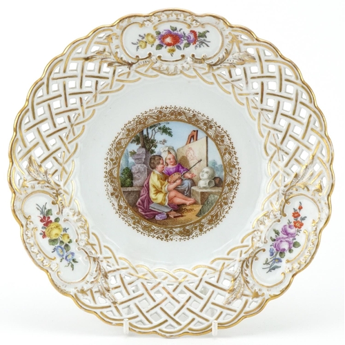 34 - 19th century Meissen hand painted cabinet plate with pierced rim, marks to the base, 21cm in diamete... 