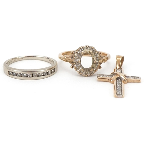 3310 - 9ct white gold and diamond half hoop ring together with a 9ct gold ring (lacking stone) and a 9ct go... 