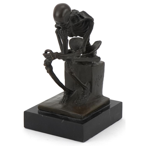 128 - Skeleton 'The Thinker' 20th century bronze after Rodin by Milo, on a marble base, H-15cm