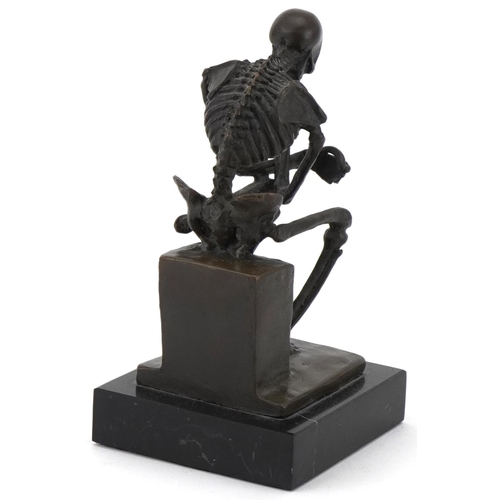 128 - Skeleton 'The Thinker' 20th century bronze after Rodin by Milo, on a marble base, H-15cm