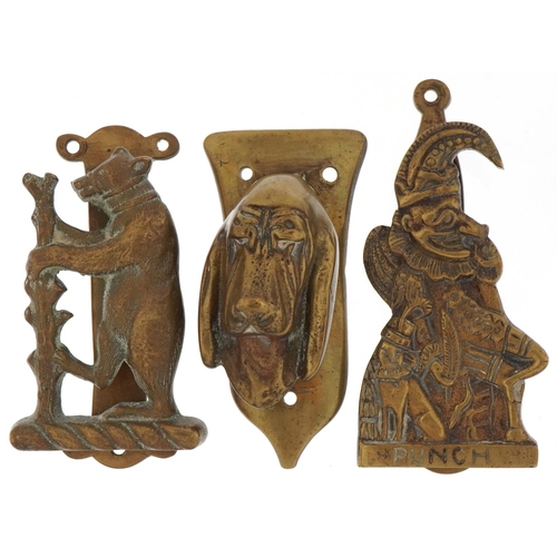 1150 - Three early 20th century novelty brass door knockers, H-9cm