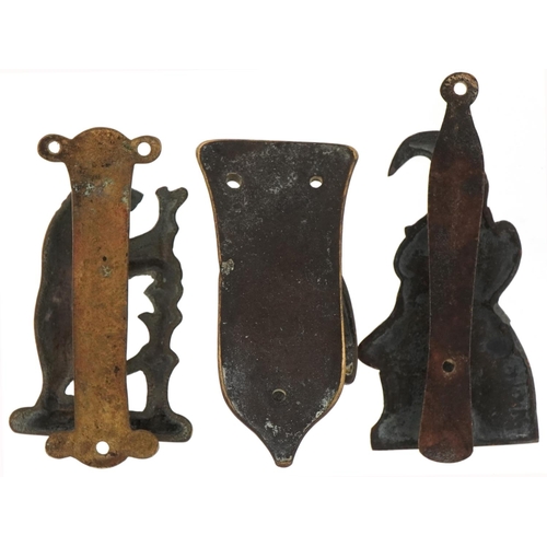 1150 - Three early 20th century novelty brass door knockers, H-9cm