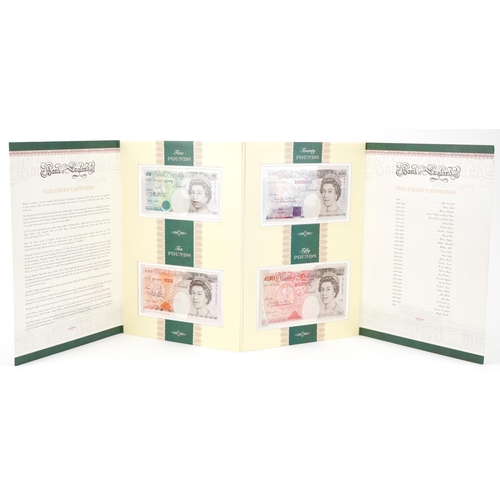 2242 - Limited edition set of four English banknotes with matching numbers comprising five pounds, ten poun... 