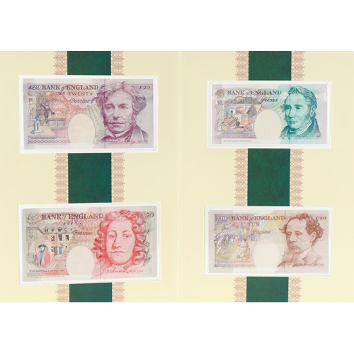 2242 - Limited edition set of four English banknotes with matching numbers comprising five pounds, ten poun... 