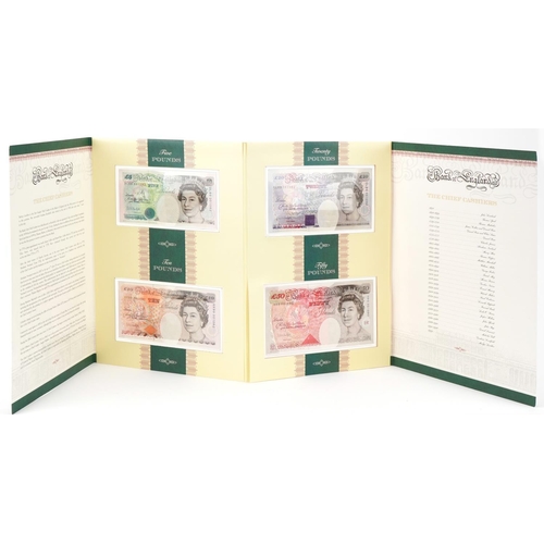 2241 - Limited edition set of four English banknotes with matching numbers comprising five pounds, ten poun... 