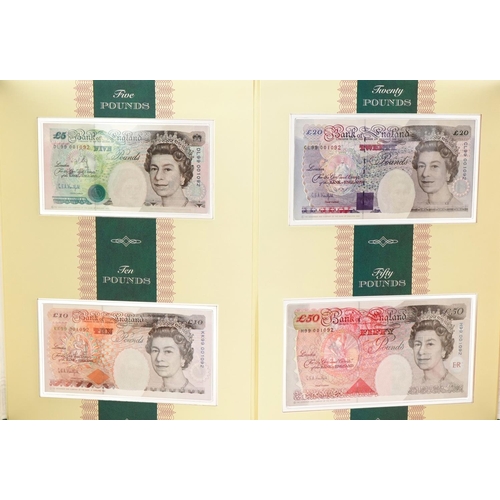 2241 - Limited edition set of four English banknotes with matching numbers comprising five pounds, ten poun... 