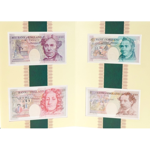 2241 - Limited edition set of four English banknotes with matching numbers comprising five pounds, ten poun... 