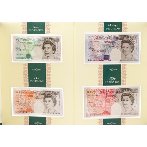 2240 - Limited edition set of four English banknotes with matching numbers comprising five pounds, ten poun... 