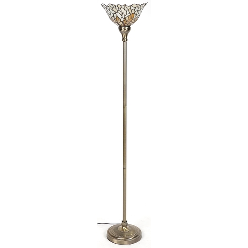 1034 - Tiffany design bronzed standard lamp with leaded stained glass shade, 180cm high