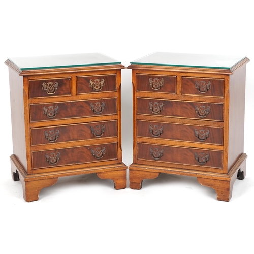 1024 - Pair of yew five drawer chests of small proportions with bracket feet, 54cm H x 43cm W x 33cm D