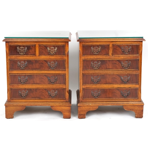 1024 - Pair of yew five drawer chests of small proportions with bracket feet, 54cm H x 43cm W x 33cm D