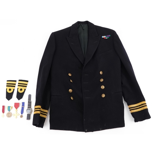 2672 - Militaria including naval interest jacket, decorative medals, pair of lapels and a quartz wristwatch