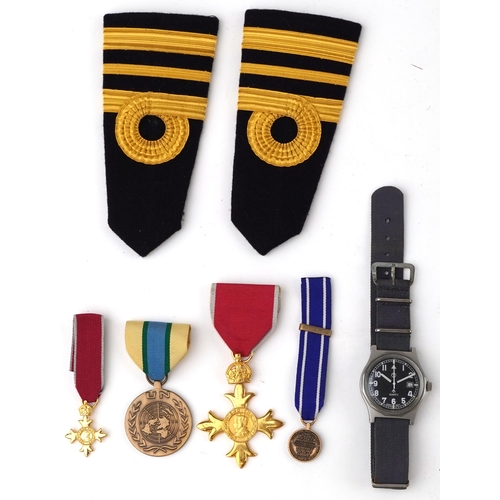 2672 - Militaria including naval interest jacket, decorative medals, pair of lapels and a quartz wristwatch