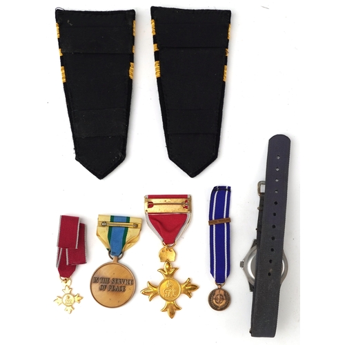 2672 - Militaria including naval interest jacket, decorative medals, pair of lapels and a quartz wristwatch