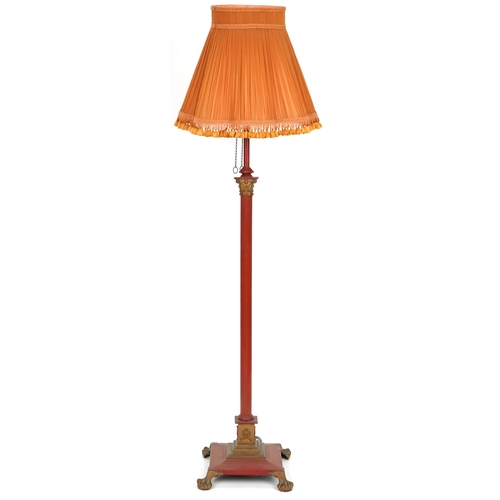 1106 - Late Victorian cast iron Corinthian column floor standing gas lamp, with shade, later painted red an... 