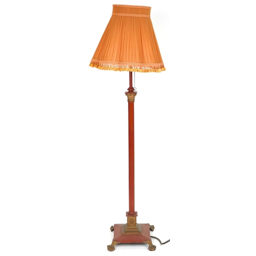 1106 - Late Victorian cast iron Corinthian column floor standing gas lamp, with shade, later painted red an... 