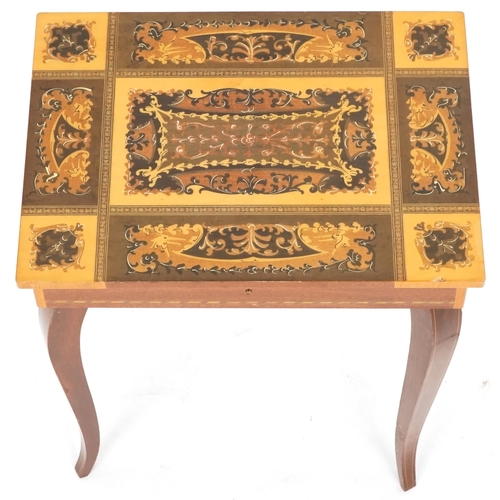 1048 - Late 20th century Sorento ware style musical table playing Swiss music box, 43cm H x 37cm W x 27cm D