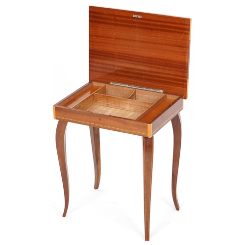 1048 - Late 20th century Sorento ware style musical table playing Swiss music box, 43cm H x 37cm W x 27cm D