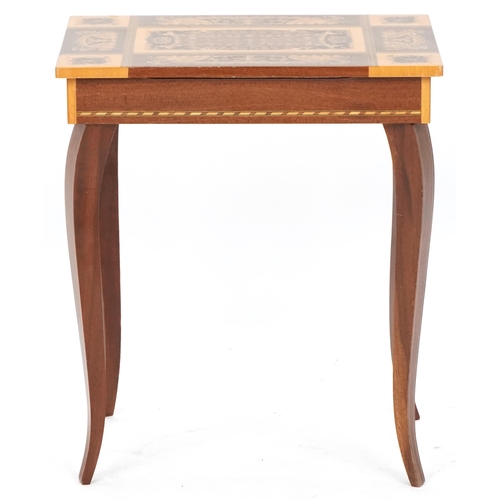 1048 - Late 20th century Sorento ware style musical table playing Swiss music box, 43cm H x 37cm W x 27cm D